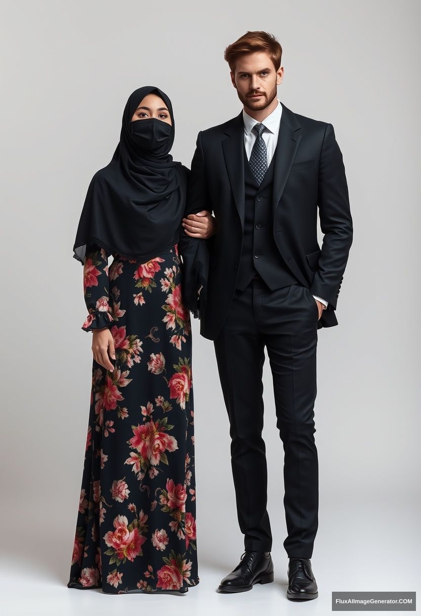 A biggest black hijab girl, slim girl, beautiful eyes, face mask black, biggest floral longest dress, standing holding his arm

Jamie Dornan, youngest, black suit coat, white shirt, grey pattern tie, black leather sneaker, tall man, face mask black, fit tough body, standing near her,

hyper realistic, studio photography