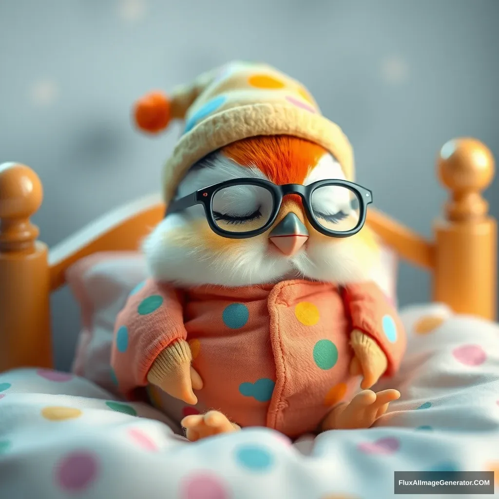 Very small, chubby, sweet Kawaii little bird with glasses, a hat, and colorful pajamas in its beautiful Kawaii bed sleeping.