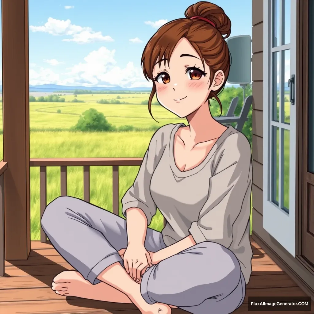 A woman in her 30s with a lovely smile and a bun hairstyle is sitting cross-legged on the veranda of a house overlooking a grassland. She is wearing casual clothing, and there is a lot of outside scenery. A detailed anime-style drawing of the woman. - Image