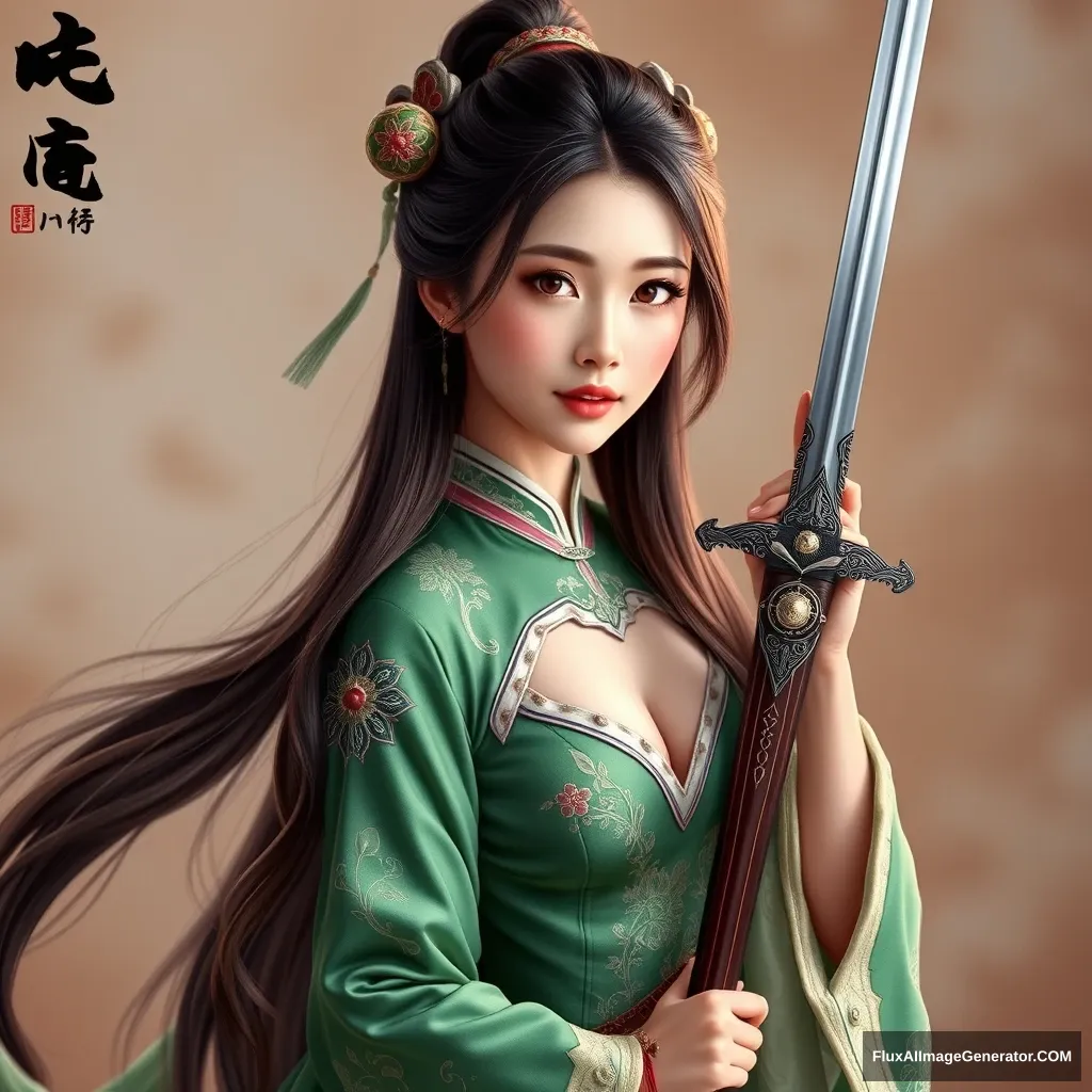 "Beautiful woman in ancient Chinese attire, dressed in a fitted green costume adorned with elegant decorations, exuding a classic charm. She is graceful and ethereal, with a captivating presence. Long hair in an ancient style, with long legs, embodying the qualities of a female warrior from ancient times, holding a slender sword that showcases her figure."