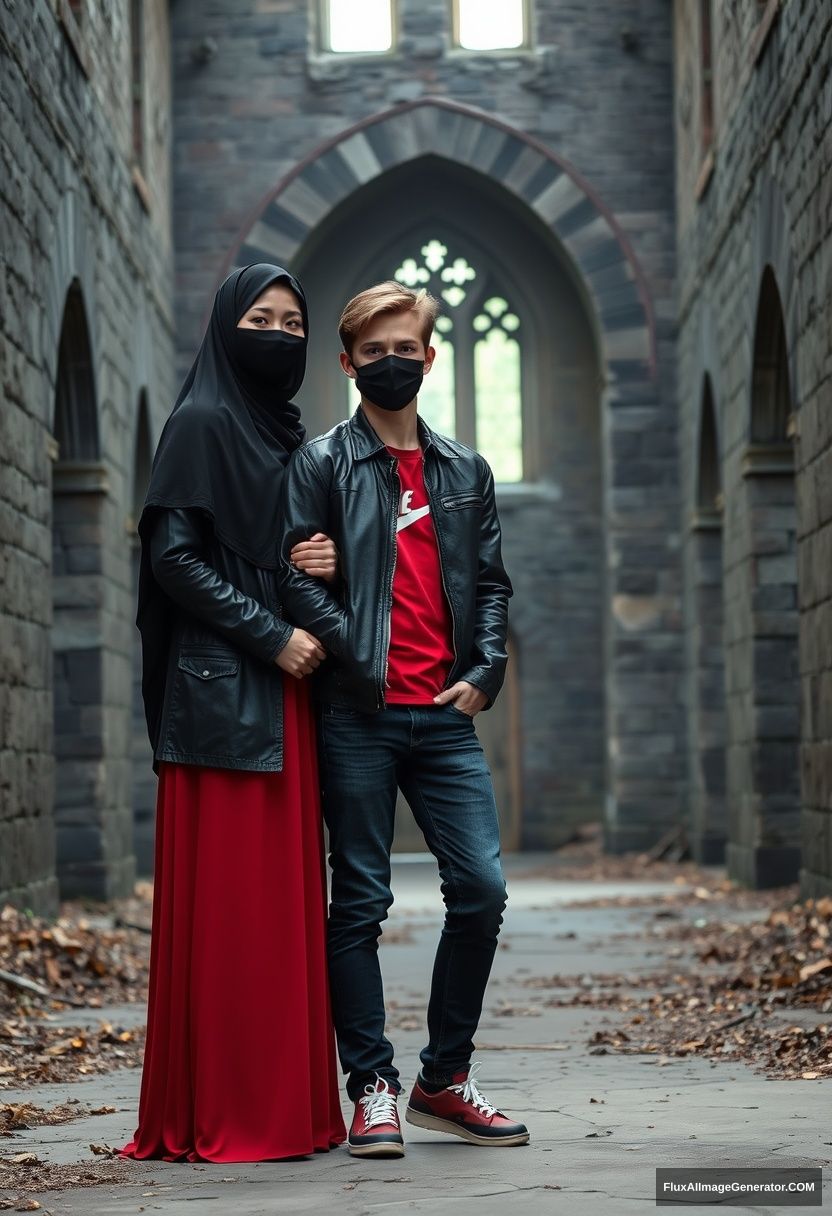 A biggest black hijab girl, beautiful eyes, face mask black, black leather jacket, biggest red longest dress, not tall, standing near him and love, holding his arm,

Jamie Dornan, handsome, youngest, face mask black, fit and tough body, Nike red t-shirt, black leather jacket, jeans, red sneakers, tall man, standing near her

Hyper realistic, photorealistic, studio photography, Victoria's abandoned castle, gloomy. - Image