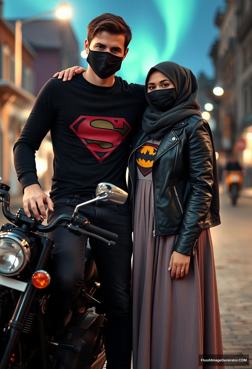 Jamie Dornan, tall, young, wearing a black face mask, a long-sleeve black Superman t-shirt, and jeans, 

is dating a lovely, romantic Hijab-wearing Muslim girl with beautiful eyes, also wearing a black face mask, a leather jacket, and the longest, biggest skirt; she is not tall. 

They are lying on his shoulder and standing near motorbikes for photography, specifically a Harley Davidson model, in town, with photorealistic street photography, under night scenery with the aurora borealis. - Image