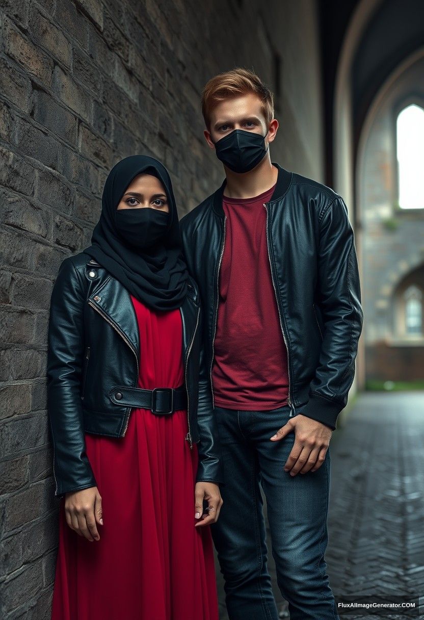 A biggest black hijab girl, beautiful eyes, face mask black, black leather jacket, biggest red longest dress, untall,

Jamie Dornan, handsome, face mask black, fit and tough body, metal red t-shirt, black leather jacket, jeans, tall man,

standing near wall together, 
Hyper realistic, photorealistic, street photography, Victoria's abandoned castle, gloomy, darkness. - Image