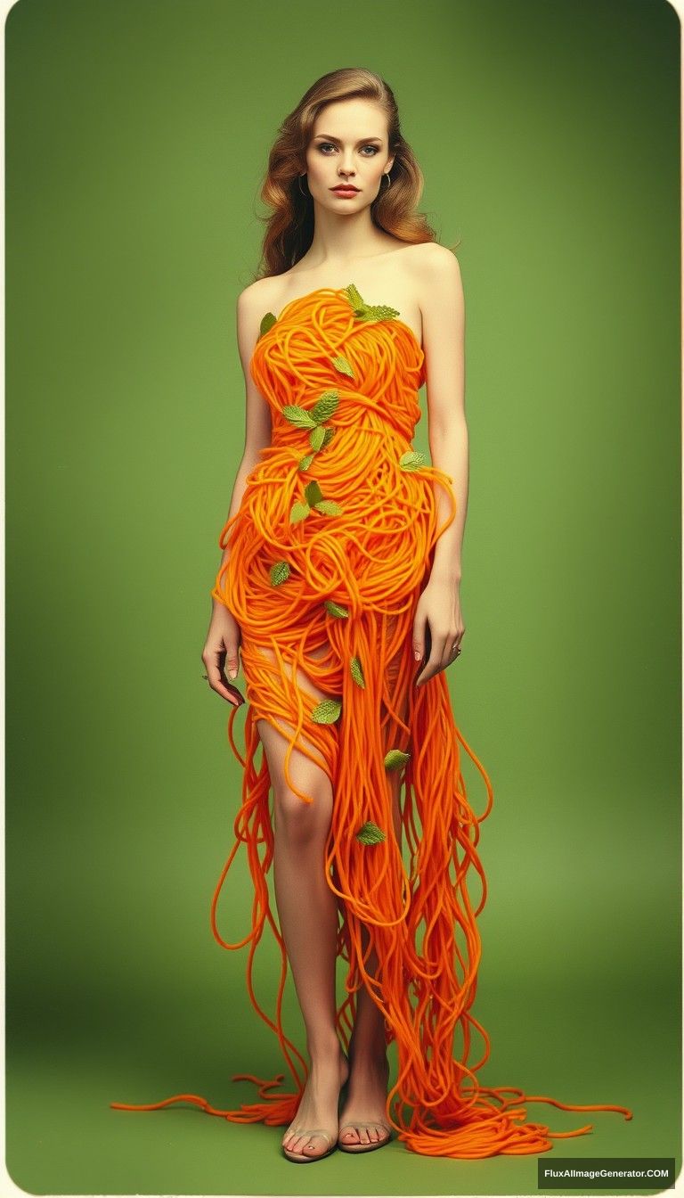 A 1980s blurry polaroid. A fashion model stands gracefully against a muted green background, wearing a striking dress made entirely of vibrant orange spaghetti noodles. The dress is intricately designed, with the noodles cascading and twisting around her figure, creating a unique and artistic silhouette. Delicate green mint leaves are scattered throughout the dress, adding a pop of color and a fresh touch. The model has long, wavy hair styled elegantly, and her expression is serene and confident. The lighting is soft, enhancing the textures of the noodles and the overall whimsical vibe of the outfit. - Image