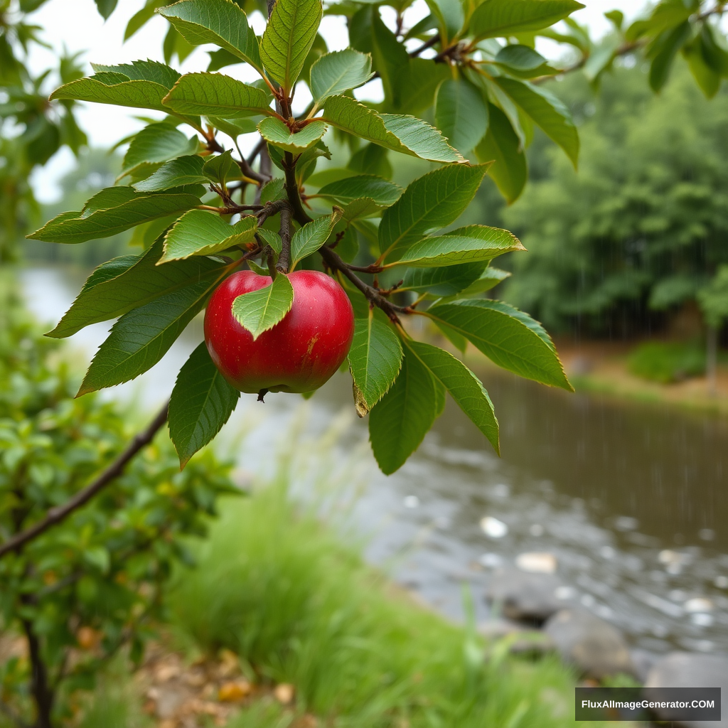 a red apple on a green tree near a river, rainy day - Image