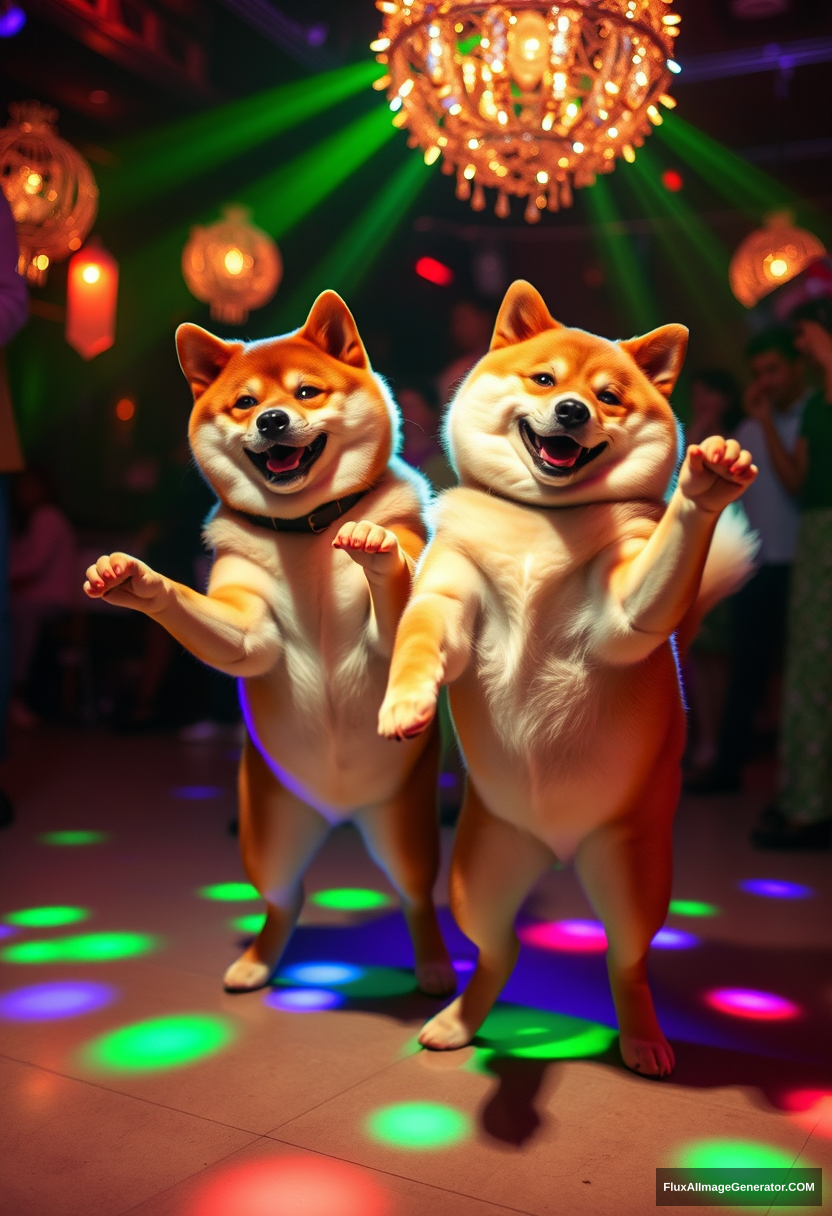 Two Shiba Inus are dancing the disco.