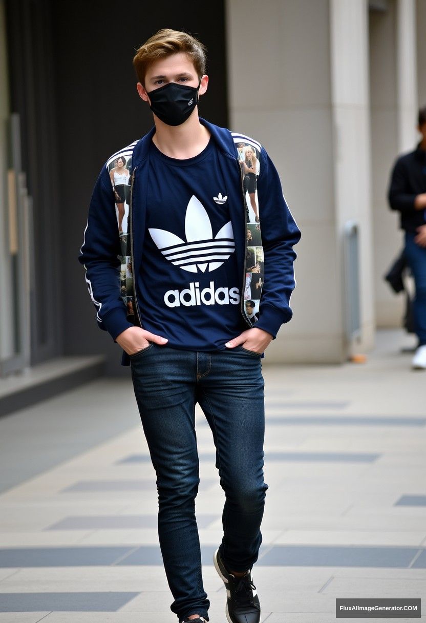 Jamie Dornan, youngest, black face mask, dark blue Adidas T-shirt, collage jacket, jeans, black sneakers, fit body, photorealistic, street photography. - Image