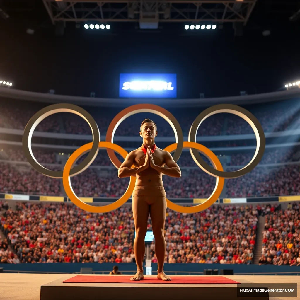 "Yoga has become an Olympic event. So, please imagine a scene where a yoga athlete stands at the center of the Olympic rings arena, receiving a gold medal. The pose for receiving the award should be the Namaste position, with hands together in front of the chest." - Image