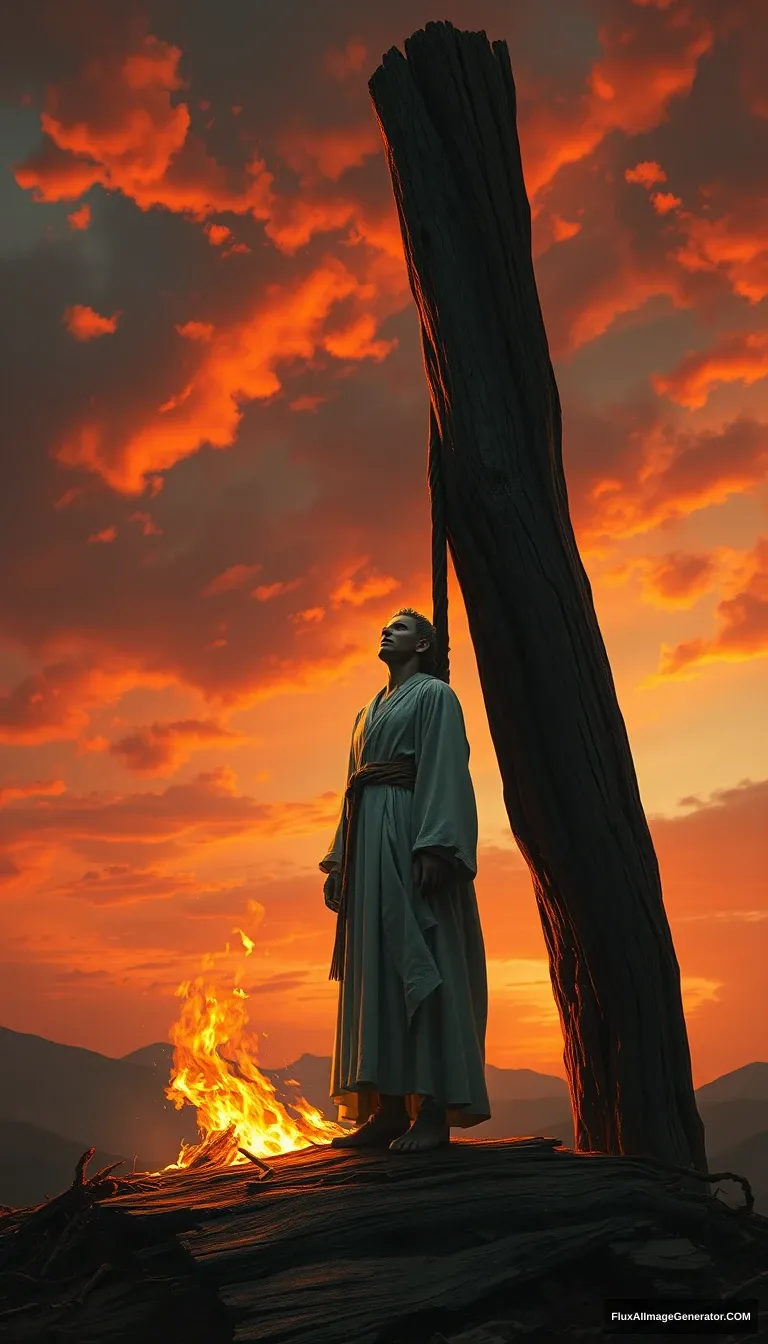 A lone figure, dressed in white robes, is tied to a towering wooden stake on a barren hilltop. The sky is ablaze with an orange and red sunset as flames consume the pyre. The figure's face is turned towards the heavens, expression serene and accepting. Dramatic lighting, cinematic, highly detailed, digital painting.