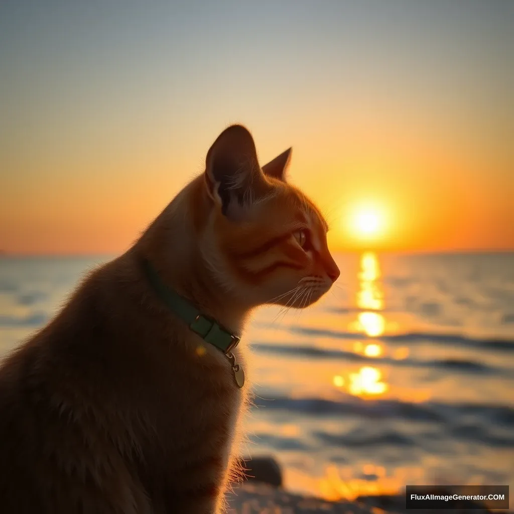 "A golden shaded cat watches the sunrise by the sea."