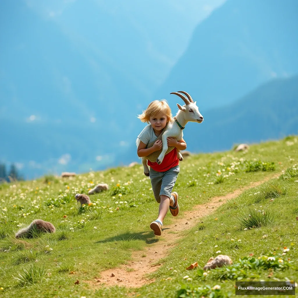 Create a photo: A child is running across a mountain meadow while carrying a goat in their arms.