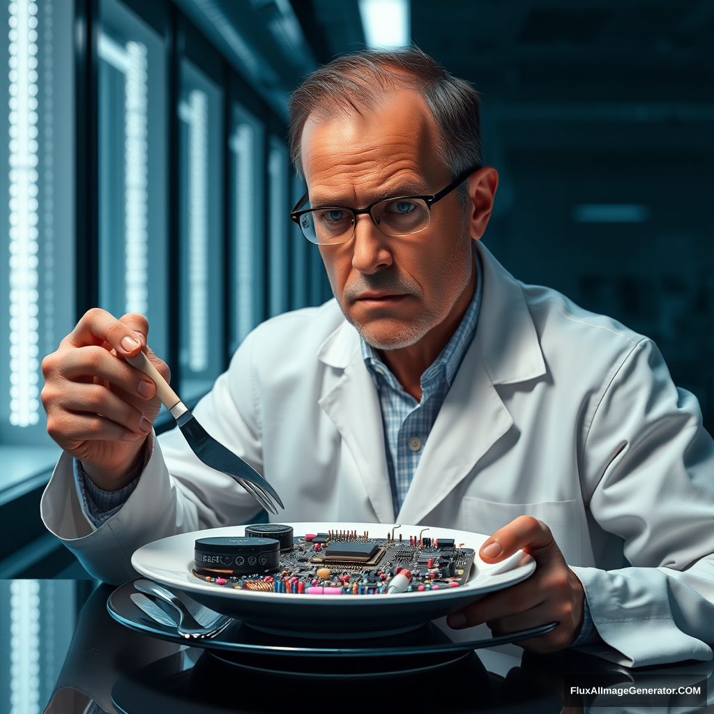 A meticulous engineer dines alone in a sleek, dimly-lit laboratory. Hyper-realistic details reveal his pristine white coat, furrowed brow, and steady hands wielding a silver knife and fork. On his plate, an intricate arrangement of gleaming microchips, resistors, and LEDs replaces traditional food. - Image