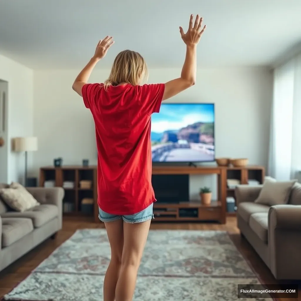 Side view of a blonde skinny woman in her early twenties in her massive living room, wearing a massively oversized red polo t-shirt that is a bit off balance on one shoulder, with the bottom part untucked. She is also wearing light blue denim shorts and no shoes or socks. Facing her TV, she dives into the magical screen by slowly raising her arms.