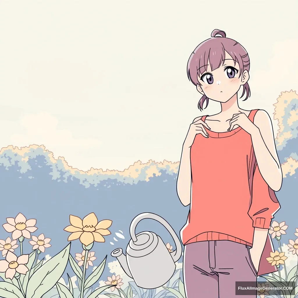 Anime lineart, front view of a handsome tall boy watering the flower, while a young woman standing behind puts both hands on his shoulder, she tilts her head and looks curious.