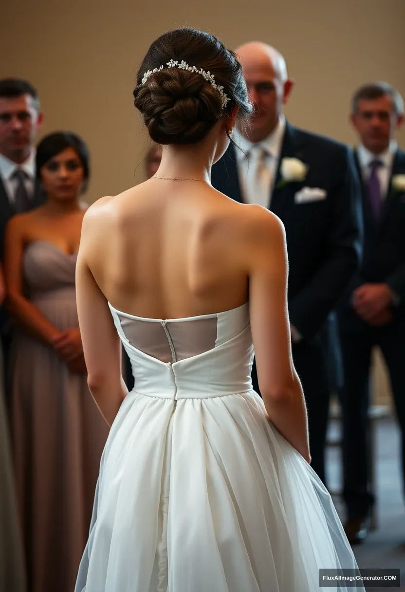 A young woman, sensitive, delicate, ashamed, wearing a backless strapless small-waisted wedding dress, in front of patriarchy, powerless.