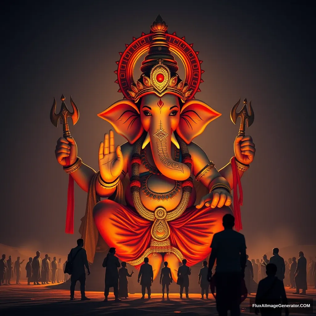 Create a new avatar of the Indian god Ganesh with people around him, also this is a sunset view with dune light, 4K, real people, an unreal engine, a dark image, add more people. - Image