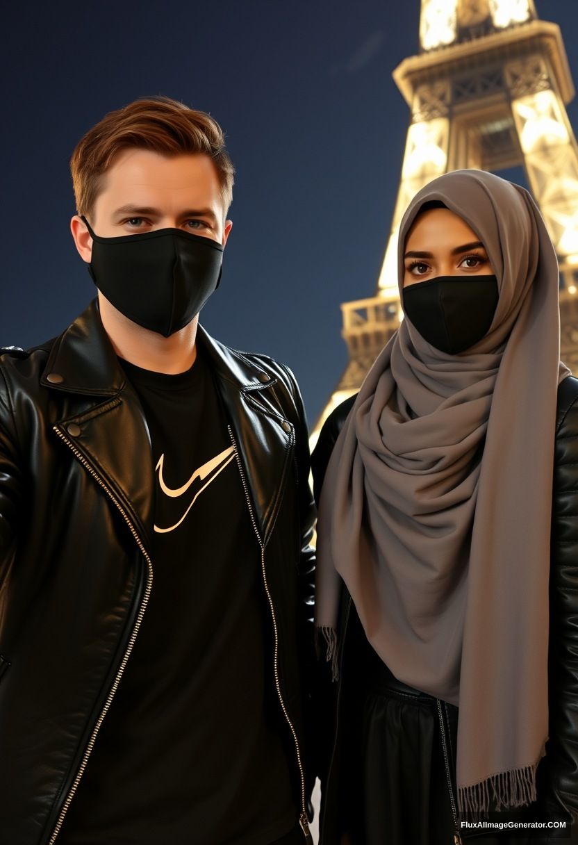 Jamie Dornan, black face mask, black leather jacket, Nike t-shirt, dating, love with the biggest grey hijab Muslim girl, beautiful eyes, black face mask, leather jacket, biggest longest skirt, standing near the Eiffel Tower, night scenery, hyper-realistic, photorealistic, selfie photos.