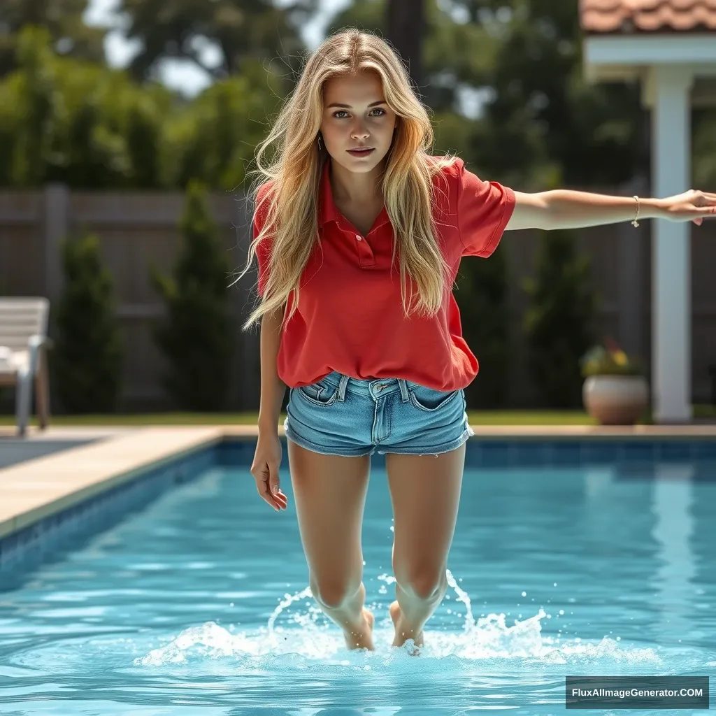 Front view of a young blonde skinny woman who has a good tan, is in her early twenties, is in her massive backyard, wearing a massively oversized red polo t-shirt which is a bit off balance on one of the shoulders and the bottom part of her t-shirt isn't tucked in. She is also wearing M-sized light blue denim shorts and no shoes or socks. She dives into her pool, her legs straightened out and halfway underwater, making a big splash. - Image