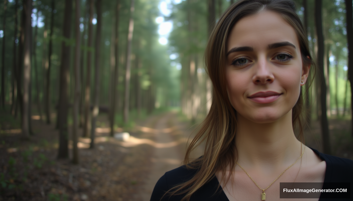 A woman is standing in the forest. She is showing her face.