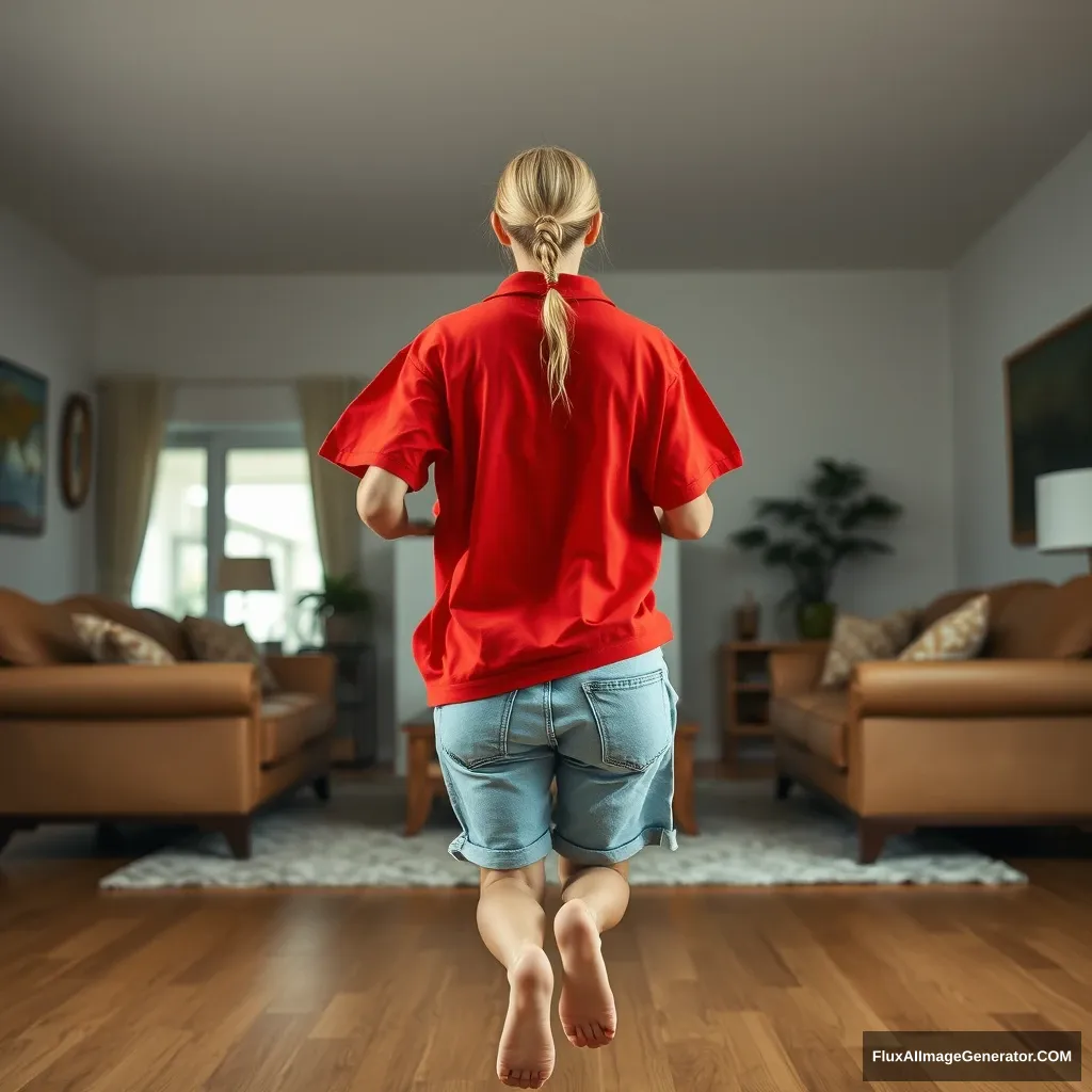 Back view of a blonde skinny woman who is in her massive living room wearing a massively oversized red polo t-shirt that is very off-balance on one of the shoulders and wearing oversized light blue denim shorts that aren't rolled up. She is wearing no shoes or socks, facing the camera while getting off her chair and running towards it.