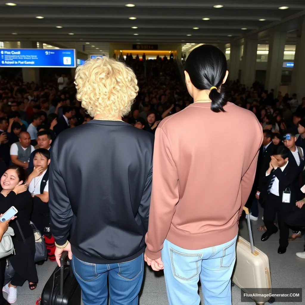 A man with curled, blonde hair that reaches his ears and a man with low pony-tailed ebony hair are holding each other's hands in front of a huge crowd of fans at the airport, showing their backs. Both are styled like K-pop idols, and the blonde man is taller.