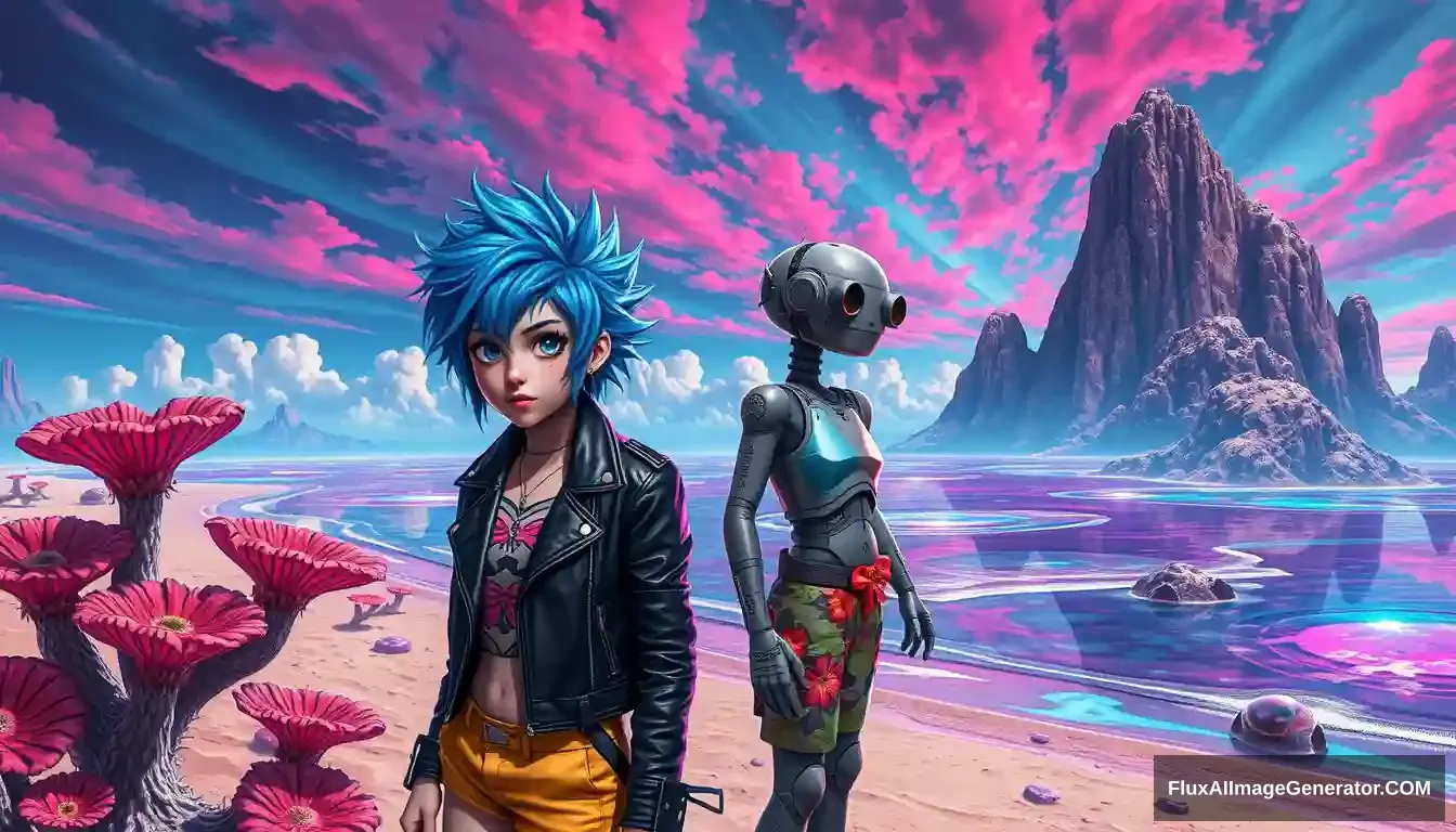 A vivid, high-contrast scene features a punk girl with electric blue spiky hair rendered in the intricate style of Enki Bilal with ray tracing effects. Photo: Digital painting of a vivid, high-contrast scene features a punk girl with electric blue spiky hair and a leather jacket, beside a charming retro-futuristic robot in Hawaiian shorts, on a surreal alien beach adorned with iridescent fungi and shimmering lakes, all beneath a vibrant, dreamlike sky.