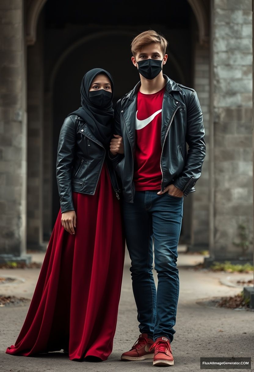 A biggest black hijab girl, beautiful eyes, face mask black, black leather jacket, biggest red longest dress, not tall, standing near him and love, holding his arm,

Jamie Dornan, handsome, youngest, face mask black, fit and tough body, Nike red t-shirt, black leather jacket, jeans, red sneakers, tall man, standing near her

Hyper realistic, photorealistic, studio photography, Victoria's abandoned castle, gloomy. - Image