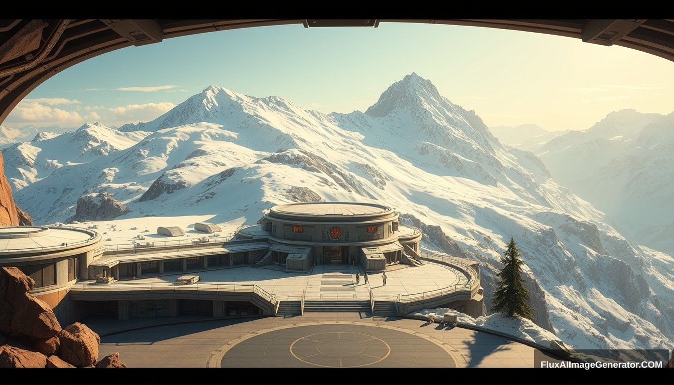 Cel shaded art, wide shot, a sci-fi center on the top of a snow mountain, open air, close look, cyberpunk, military base, Star Wars style, indoor, patio, morning, sunlight, fortress, mountain, rock, snow, tarmac, parking apron, cave, tree, landing field, cliff, round shape. - Image