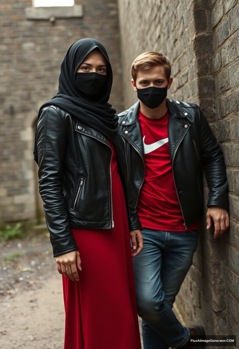 A biggest black hijab girl, beautiful eyes, face mask black, black leather jacket, biggest red longest dress, not tall, standing near him, 

Jamie Dornan, handsome, face mask black, fit and tough body, Nike red t-shirt, black leather jacket, jeans, tall man, laying against the wall, 

Hyper realistic, photorealistic, studio photography, Victoria's abandoned castle, gloomy. - Image