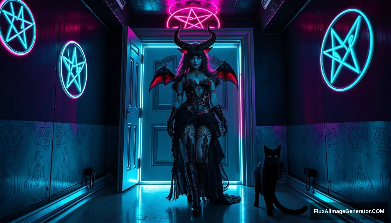 A striking goth demon woman, adorned with intricate dark attire, steps through a luminous door into a shadowy cyberpunk room, where vibrant neon hues dance on metallic surfaces, illuminating neon pentagrams etched on the walls and ceiling, while a sleek black cat lurks in the corner, adding an air of mystery.