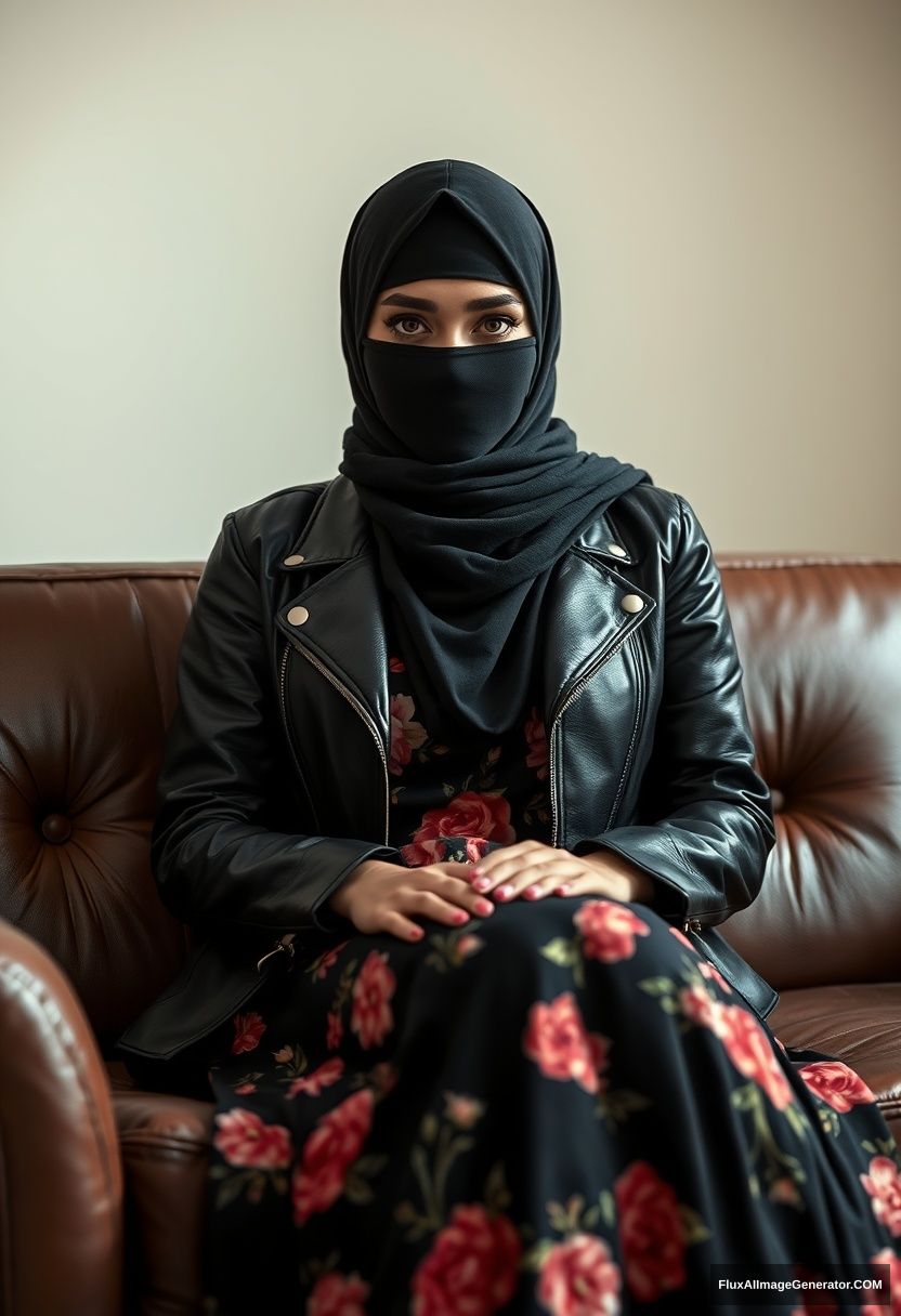 A biggest black hijab girl, burqa, beautiful eyes, black leather jacket, biggest floral long dress, sitting on leather single sofa, hyper realistic, studio photography. - Image