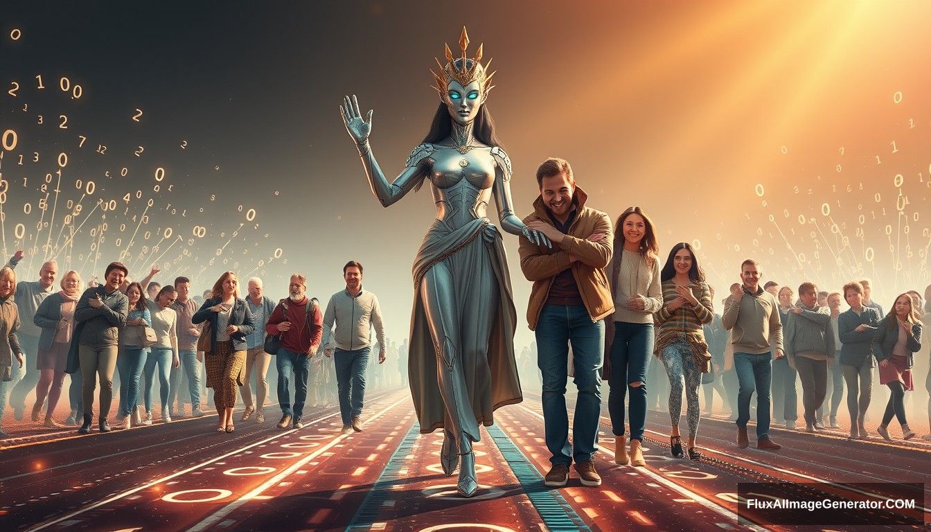 Hyper-realistic style featuring a powerful and inspiring image depicting the concept of blockchain and decentralization. In the foreground, a futuristic and sci-fi styled goddess symbolizing blockchain and decentralization leads the people towards a bright future. The goddess appears mostly human, with only about 10% of her body showing high-tech elements, such as a mechanical arm or eye. She stands on a digital road made of glowing lines and various random characters, including 0s and 1s, symbolizing the path of digitalization. She is surrounded by families and individuals of predominantly European descent who are joyous and supportive, embracing and helping each other. The scene is grand and panoramic, with light shining from the front, illuminating the entire scene. - Image