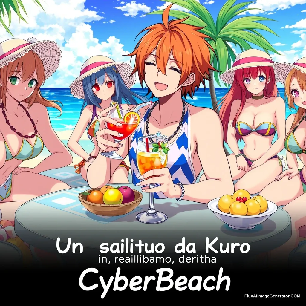 Imagine the character "Kurosuchi Ichigo" in the photo from this link: https://i.pinimg.com/originals/11/4e/13/114e13044642cb235c089b9d6551049d.jpg, who is on vacation at the beach surrounded by beautiful anime girls in swimsuits, while drinking a cocktail. The character has orange hair. On the table, there are exotic fruits. Below, add a caption in Italian "Un saluto da Kuro di CyberBeach," with the word "CyberBeach" in a Cuban style. Detail 8k, hyper-realistic.