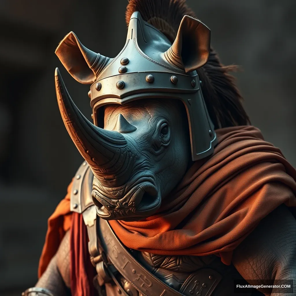 Create a high-resolution, dynamic photograph of a rhino warrior dressed as a Roman gladiator, captured with natural earthy tones and dramatic, cinematic lighting to highlight his imposing form and combat-ready stance, award-winning photographic quality. - Image