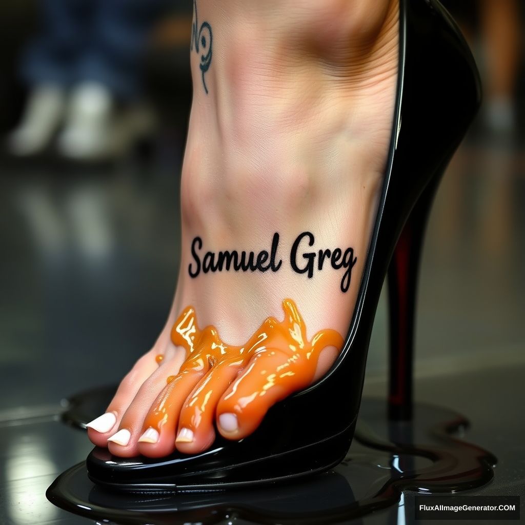 The name "Samuel Greg" on a woman's foot in a black high heel. There is oil all over the foot. - Image