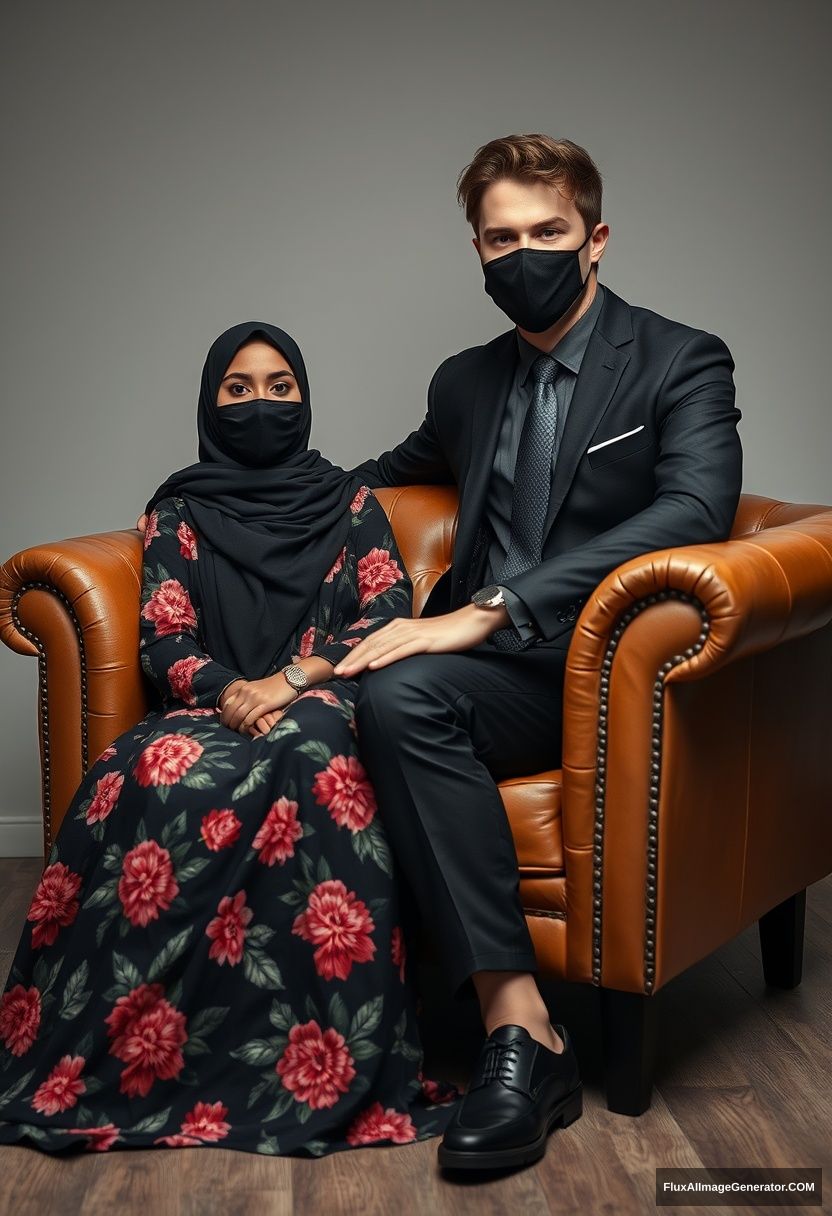 A biggest black hijab girl, slim girl, beautiful eyes, face mask black, biggest floral longest dress, sitting on leather single wing sofa, 

Jamie Dornan, youngest, black suit coat, grey pattern tie, black leather sneaker, tall man, face mask black, fit body, sitting near her,

hyper realistic, studio photography. - Image