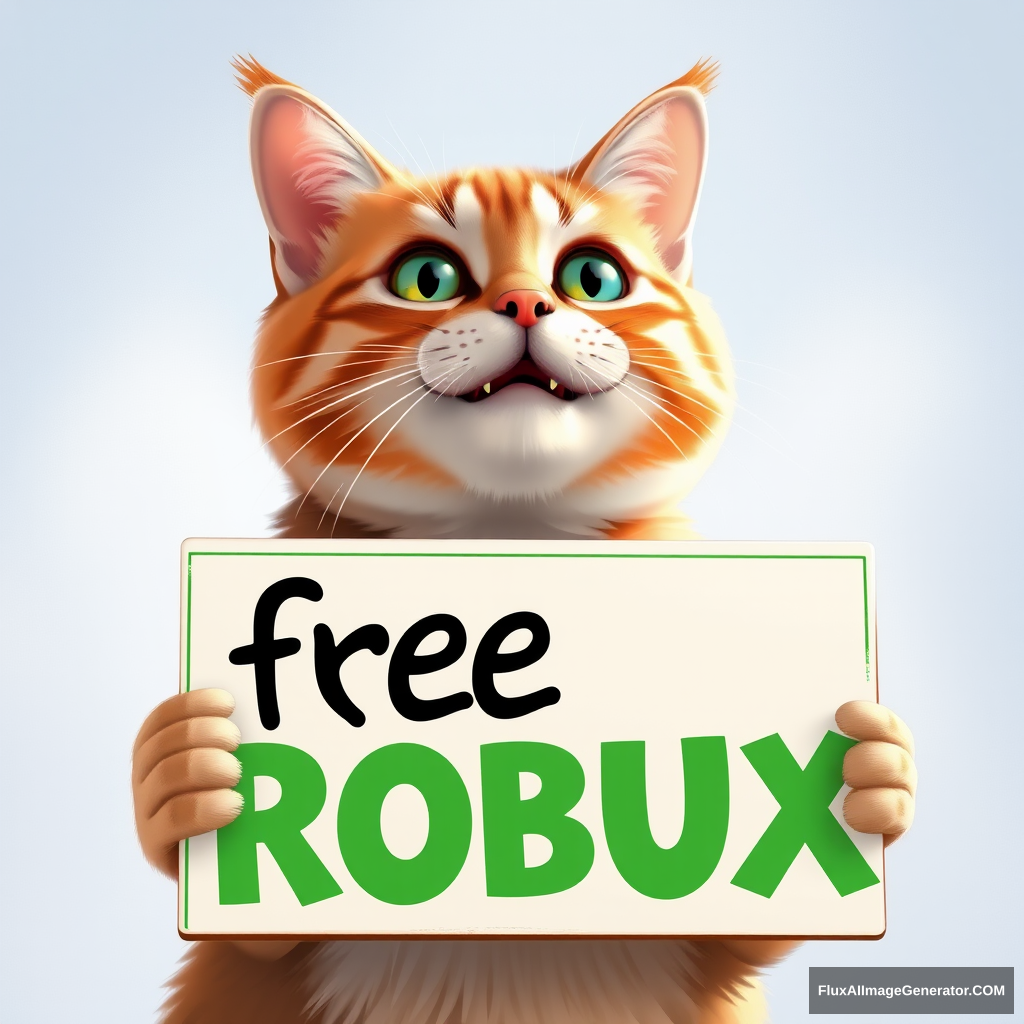 A cat holding a sign that says free robux