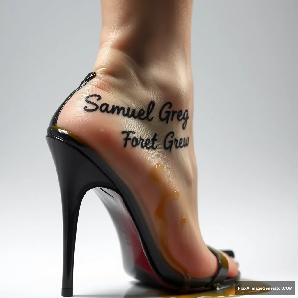 The name "Samuel Greg" on a woman's foot in a black high heel. There is oil all over the foot. - Image