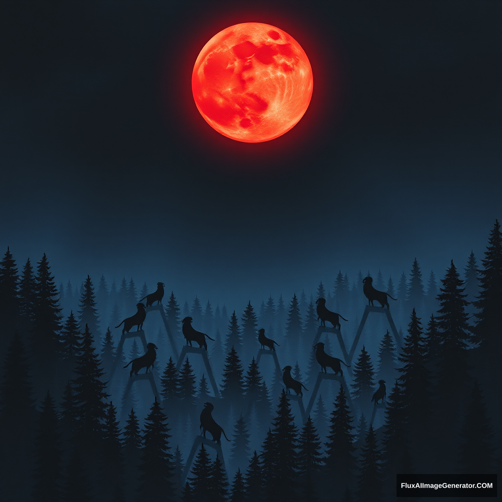 Red moon high in the dark sky, shining upon vast forest, creatures in it howling to the moon. - Image