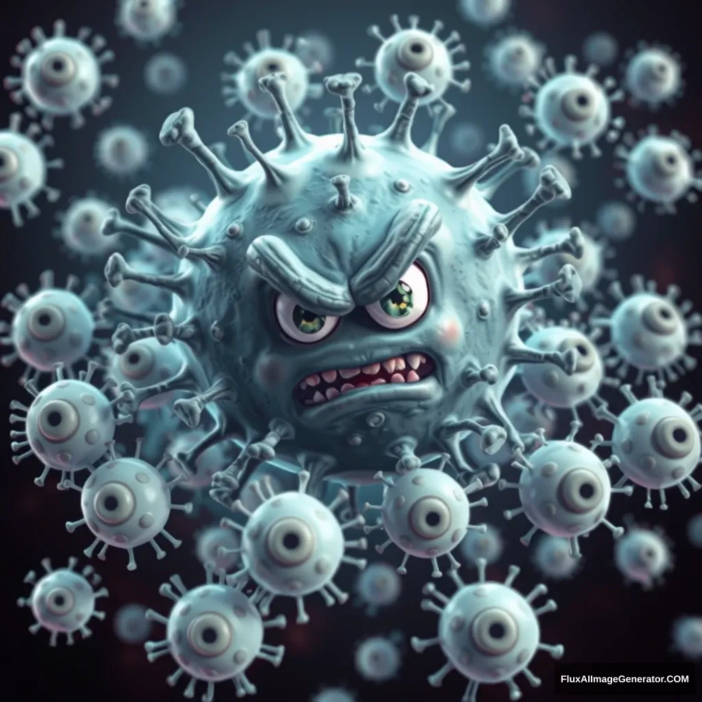 A fierce bacterium is surrounded by a group of white blood cells; both the bacterium and the white blood cells are anthropomorphic, with big eyes. - Image