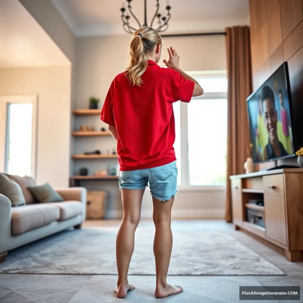 Back view of a young blonde skinny woman in her early twenties, standing in her massive living room. She is wearing an excessively oversized red polo t-shirt that is uneven on one shoulder, with the bottom part tucked in. She pairs it with light blue denim shorts and is barefoot, with no shoes or socks. Facing the TV with a shocked expression, she dives into the magical TV head first.