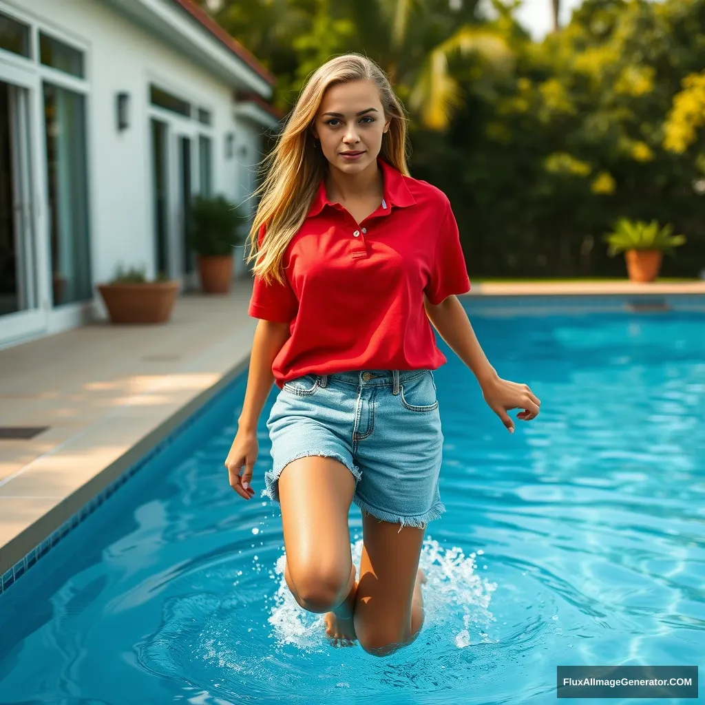 Front view of a young blonde skinny woman who has a good tan is in her early twenties, in her massive backyard, wearing a massively oversized red polo t-shirt that is a bit off balance on one of the shoulders. The collar and the bottom part of her t-shirt are not tucked in, and she is also wearing large light blue denim shorts. She is barefoot, having no shoes or socks. She jumps into the pool, and her legs go into the water, making a little splash. - Image