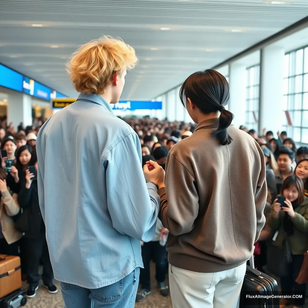 A man with curled, blonde ear-length hair and a man with low pony-tailed ebony hair are holding each other's hands in front of a large crowd of fans at the airport, showing their backs. Both are in K-pop idol style, and the blonde man is taller. - Image