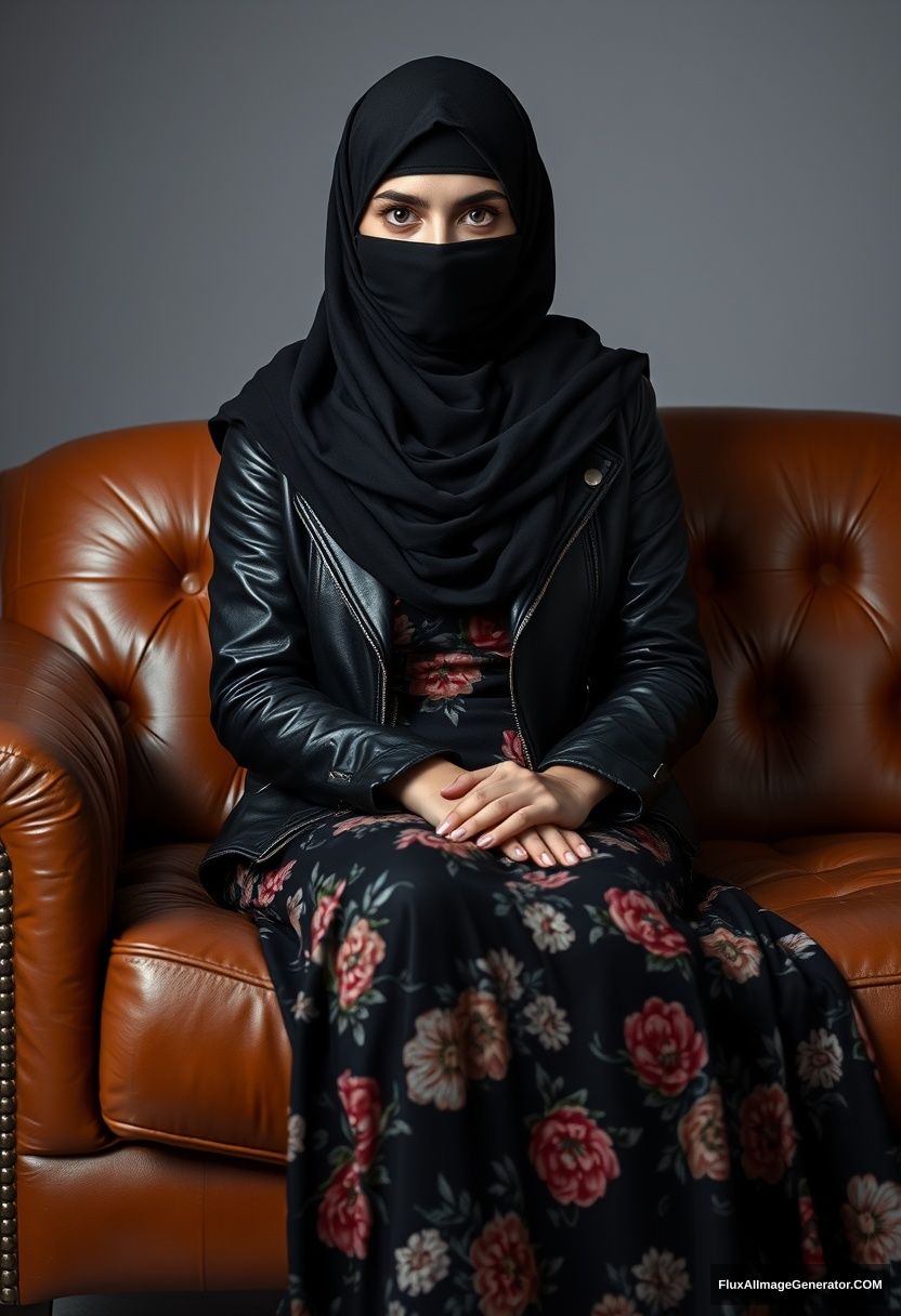 A biggest black hijab girl, burqa, beautiful eyes, black leather jacket, biggest floral long dress, sitting on leather single sofa, hyper realistic, studio photography. - Image