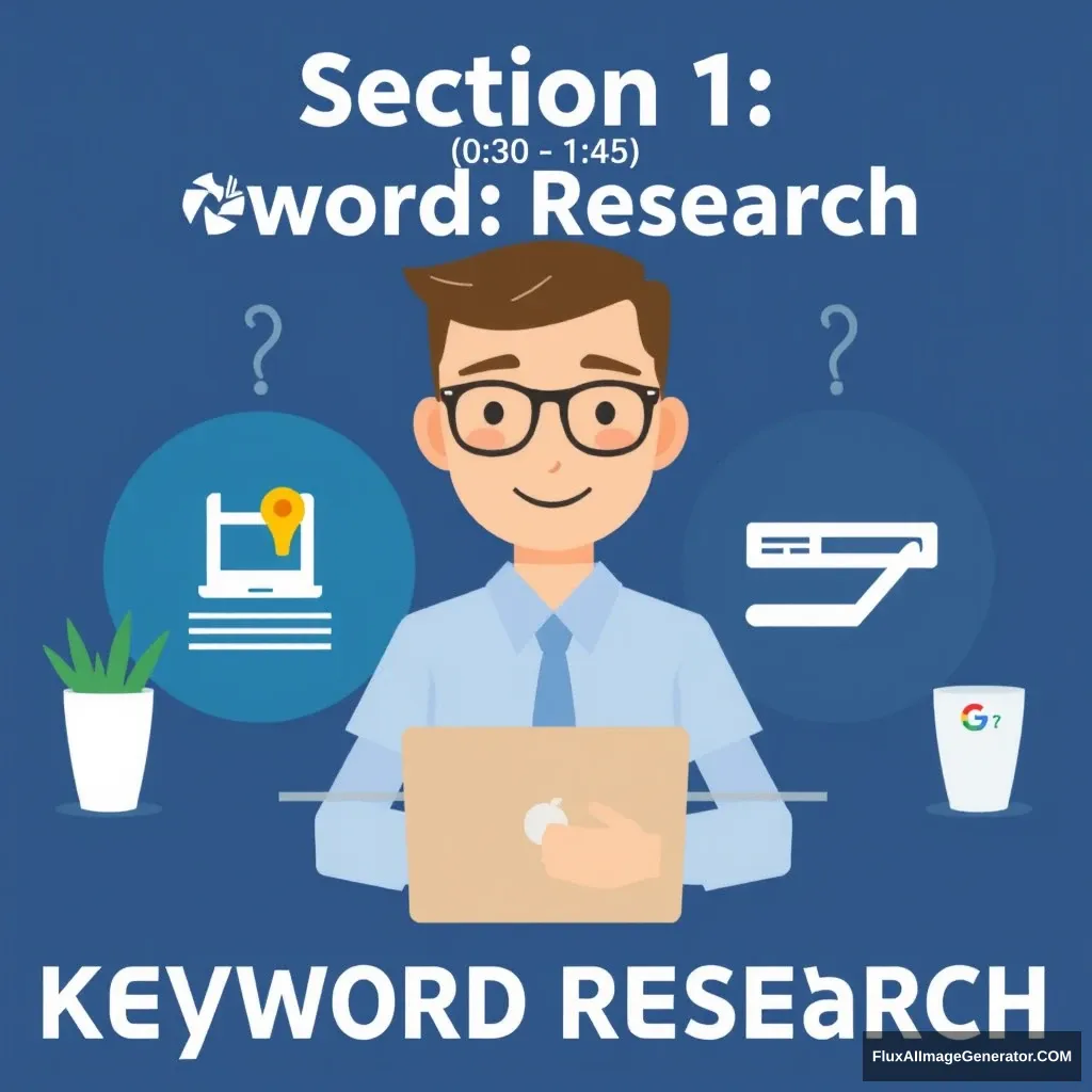 Section 1: Keyword Research (0:30 - 1:45)*

- Explain the importance of keyword research
- Discuss tools like Google Keyword Planner, Ahrefs, and SEMrush
- Provide tips on how to identify relevant keywords and phrases - Image