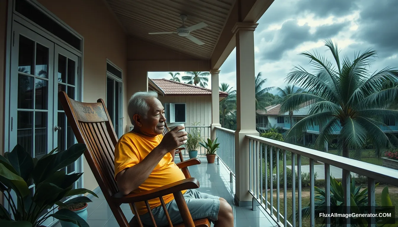 The style of Hirohiko Araki Kubrick, a 60-year-old handsome Thai grandfather, wearing a yellow t-shirt, sitting on a rocking chair, sipping hot coffee, chilling on the balcony of a house in Chonburi, enjoying the morning atmosphere with dark blue clouds, cool wind in front of the house, with a garden, banana trees, coconut trees, a heavy rain atmosphere, oil painting, sharp 3D, 40k, pastel color. - Image