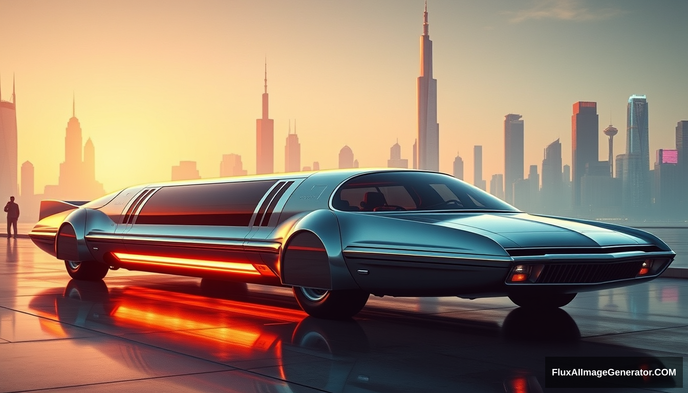 A 1970s futuristic limousine concept, as painted by Syd Mead, future city setting, 4k.