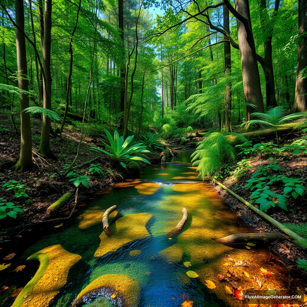 A dense forest filled with various types of trees, a small stream flowing out from the center of the forest. The water of the stream is crystal clear, reflecting the blue sky and the surrounding greenery. There are fallen leaves and branches floating on the surface of the stream. The forest is alive with the sounds of birds and insects. --hd --v 5