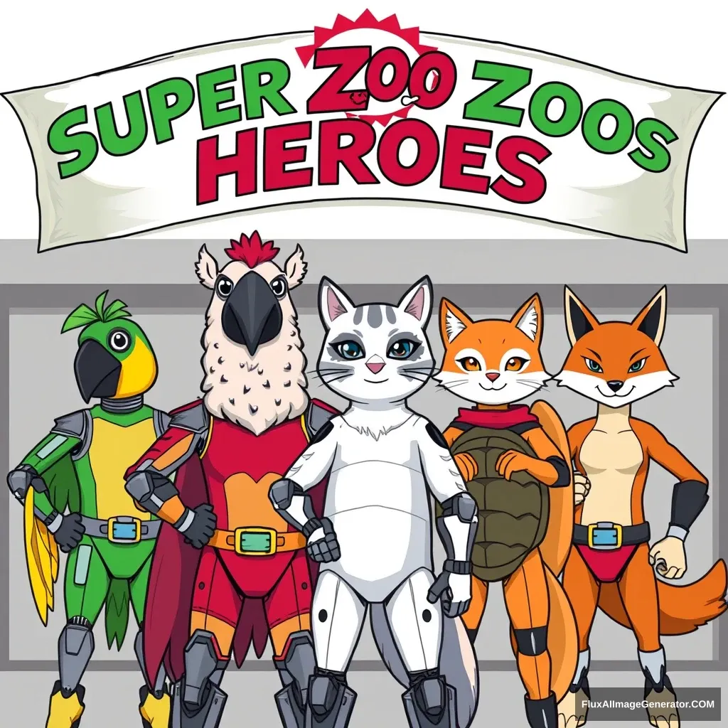 5 animal-themed cyborg superheroes, themed around parrot, llama, cat, turtle, and fox. They pose for a photo beneath a banner that reads "Super Zoo Heroes."