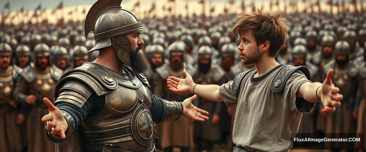 Create an image of two men standing apart and arguing while onlookers crowd around. The man on the right is a young man, his arms stretched out to the sides with a shocked expression on his face. He has messy, unkempt hair and a beard, and is wearing simple biblical-era shepherd’s clothing, sternly looking at the left eye of the other man. The other man is built like a slim athlete, looks middle-aged, has a Jewish black beard, and wears a full suit of bronze-age Mesopotamian armor made of laminated strips of bronze, and a conical helmet with a pointed tip. The background features a blurred crowd of soldiers also wearing armor similar to the king's. Standing on the horizon further in the background is a blurred front of a large biblical-era army. The overall mood of the image is one of anxiety and concern.